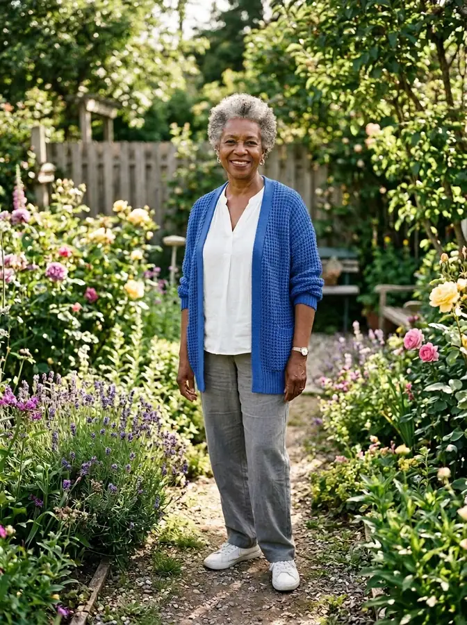 The same woman with her cardigan changed to cobalt blue