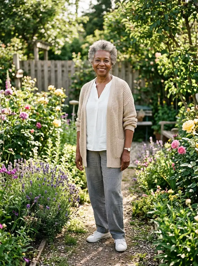 AI-generated full-body photo of an older Black woman in a beige cardigan in a flower garden