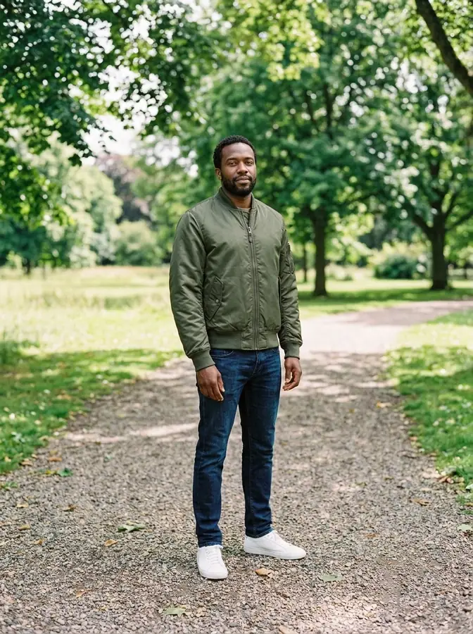 The same man wearing the olive green bomber jacket from the product photo