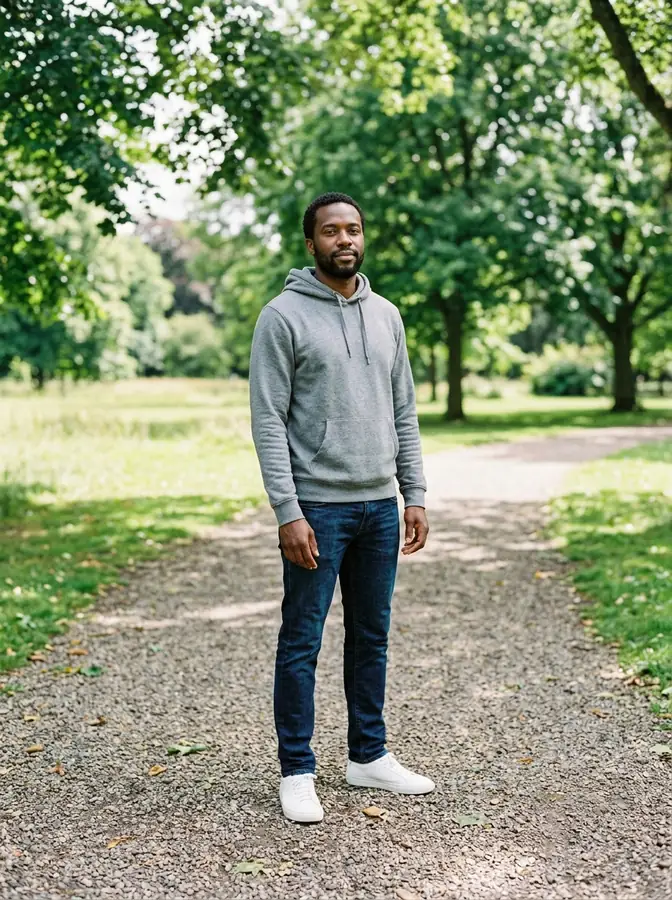 AI-generated full-body photo of a Black man in a grey hoodie in a park