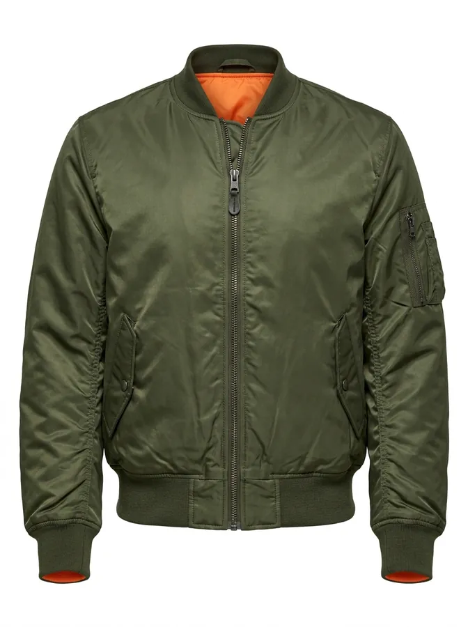 Product photo of an olive green bomber jacket used as the clothing reference