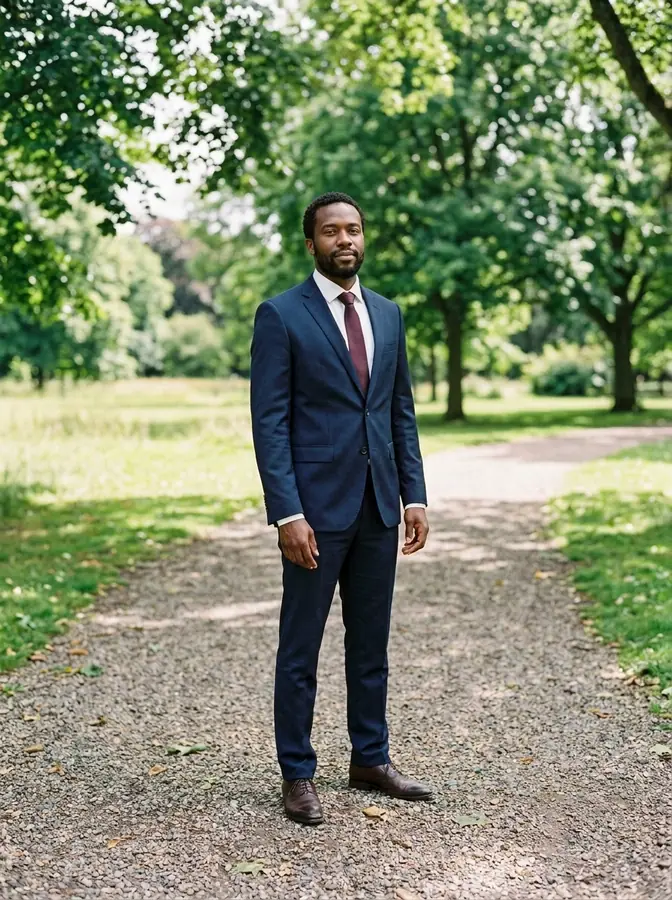 The same man in a navy blue business suit and tie, made with the AI clothes changer
