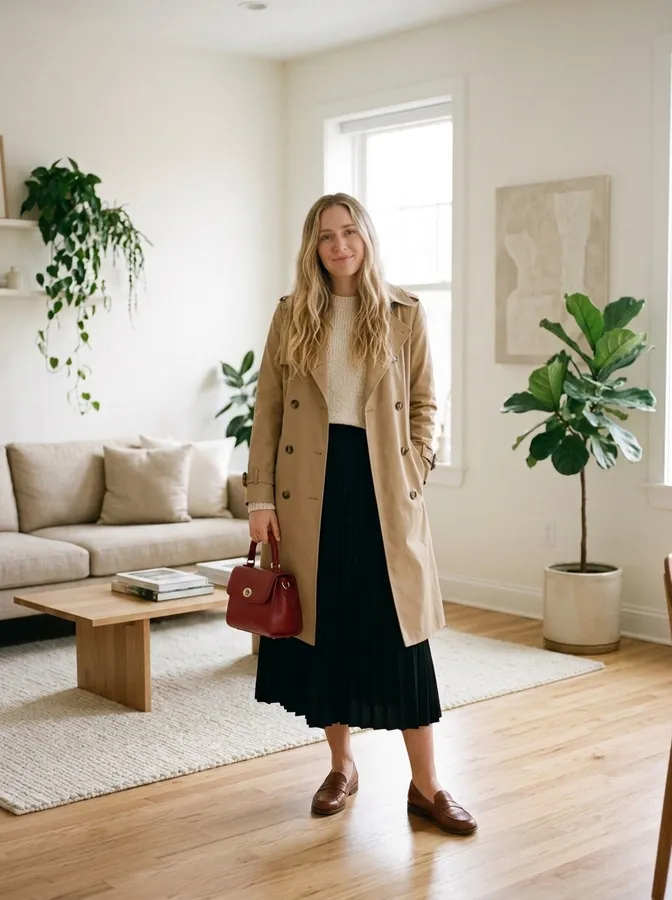 The same woman wearing the trench coat over a black pleated skirt and holding the red handbag