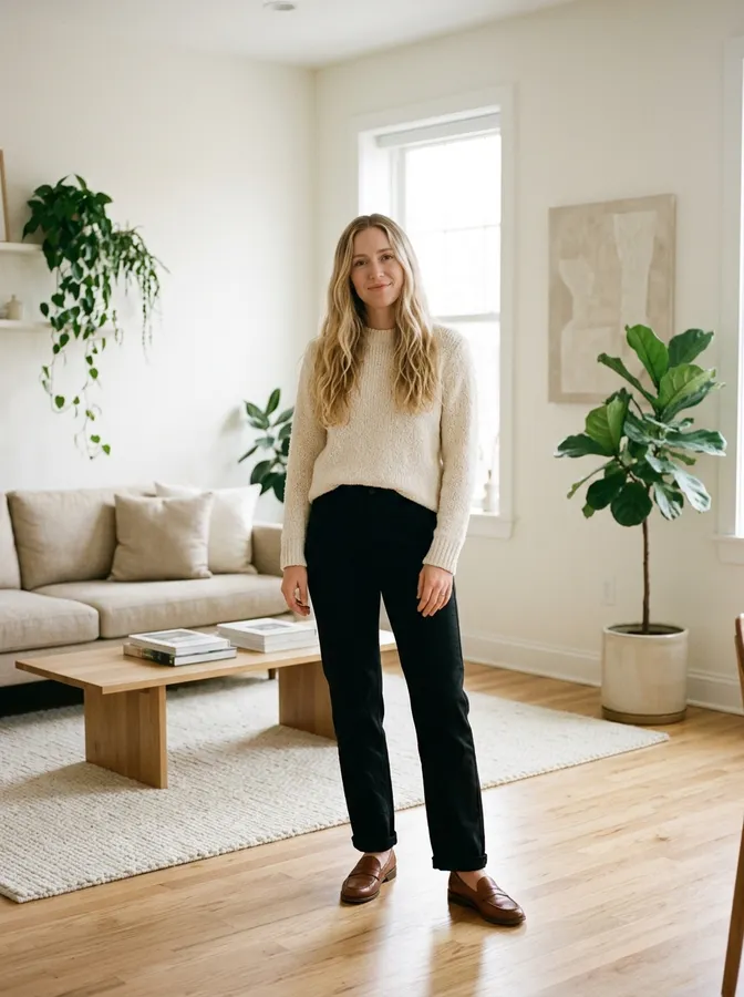 AI-generated full-body photo of a blonde woman in a cream sweater and black trousers in a living room