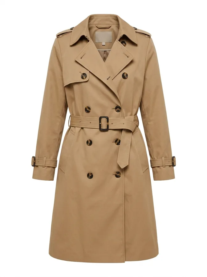 Product photo of a camel double-breasted trench coat used as the first clothing reference