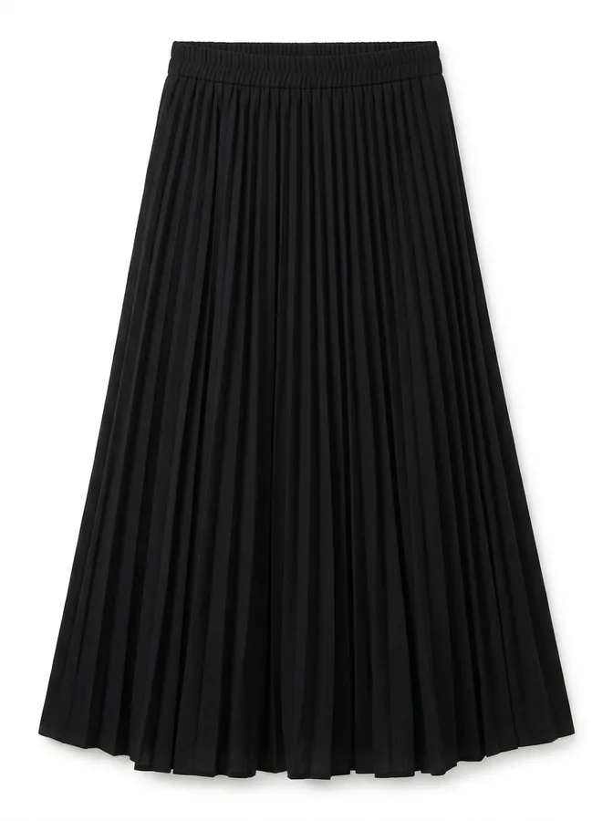 Product photo of a black pleated midi skirt used as the second clothing reference