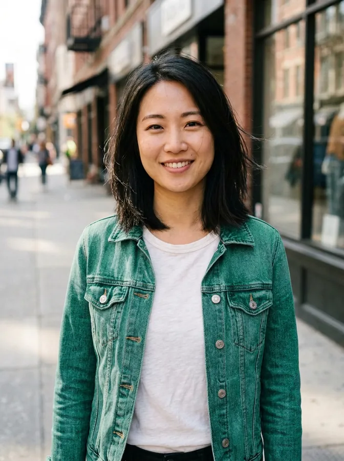 The same woman with her denim jacket changed to emerald green
