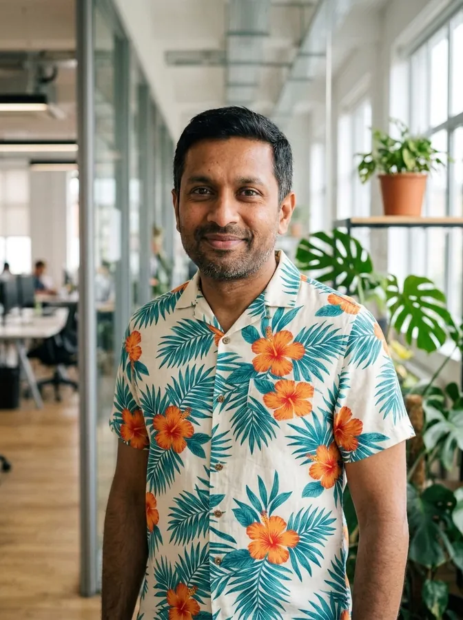 The same man wearing the Hawaiian shirt from the product photo