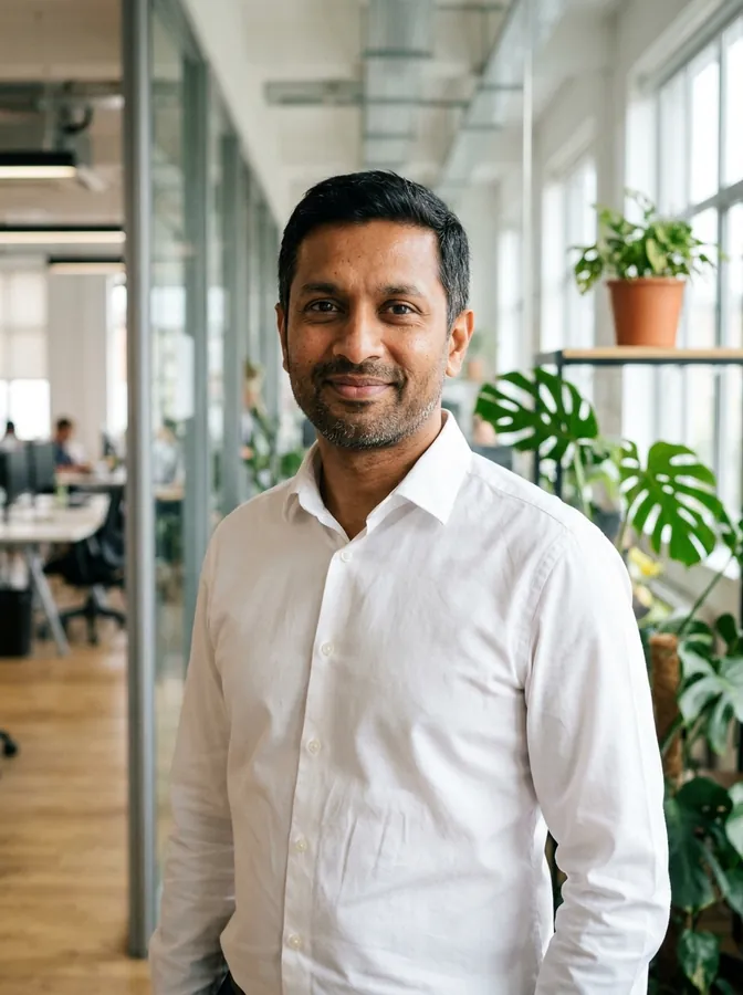 AI-generated half-body photo of a South Asian man in a white button-down shirt in an office