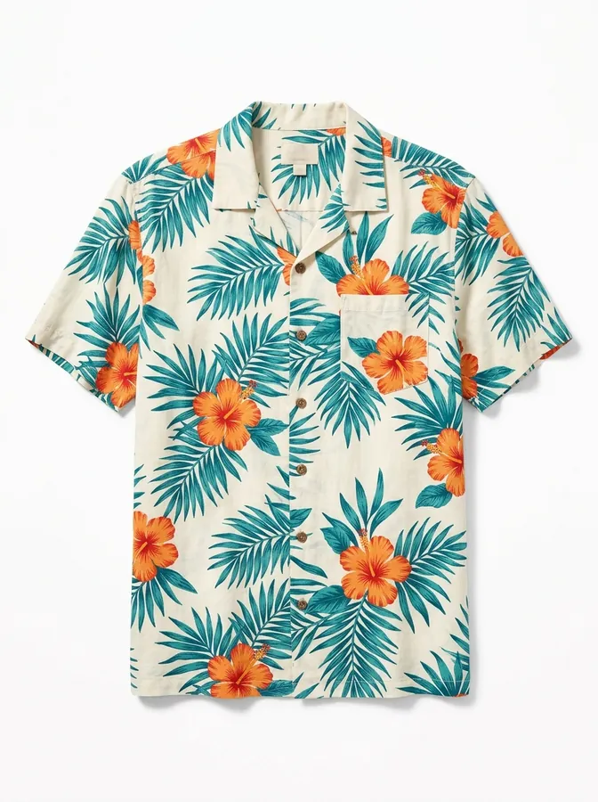 Product photo of a Hawaiian shirt with palm leaves and hibiscus flowers used as the clothing reference