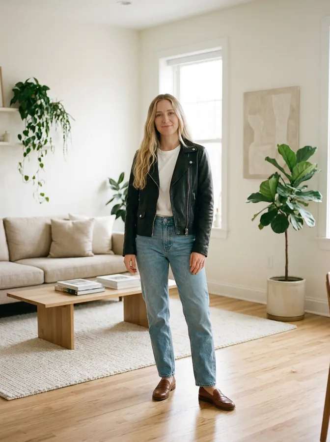 The same woman in a black leather jacket, white t-shirt and blue jeans, made with the AI clothes changer