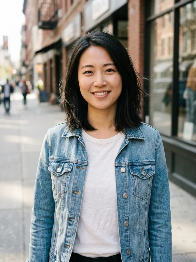AI-generated half-body photo of a young East Asian woman in a denim jacket and white t-shirt on a city street