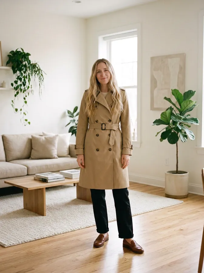 The same woman wearing the camel trench coat from the product photo