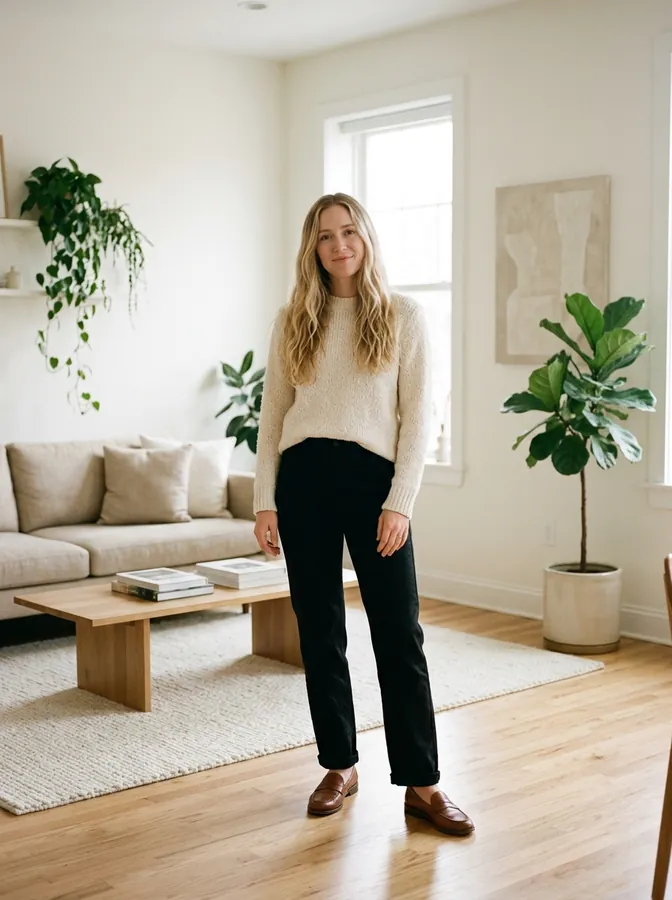 AI-generated full-body photo of a blonde woman in a cream sweater in a living room
