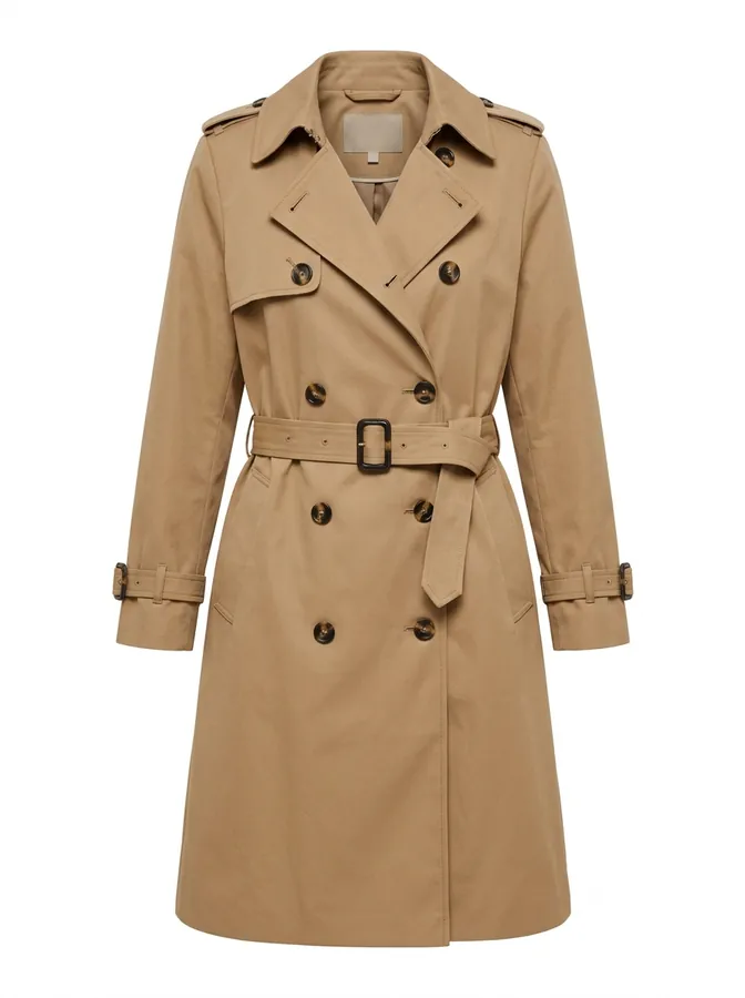 Product photo of a camel double-breasted trench coat used as the clothing reference