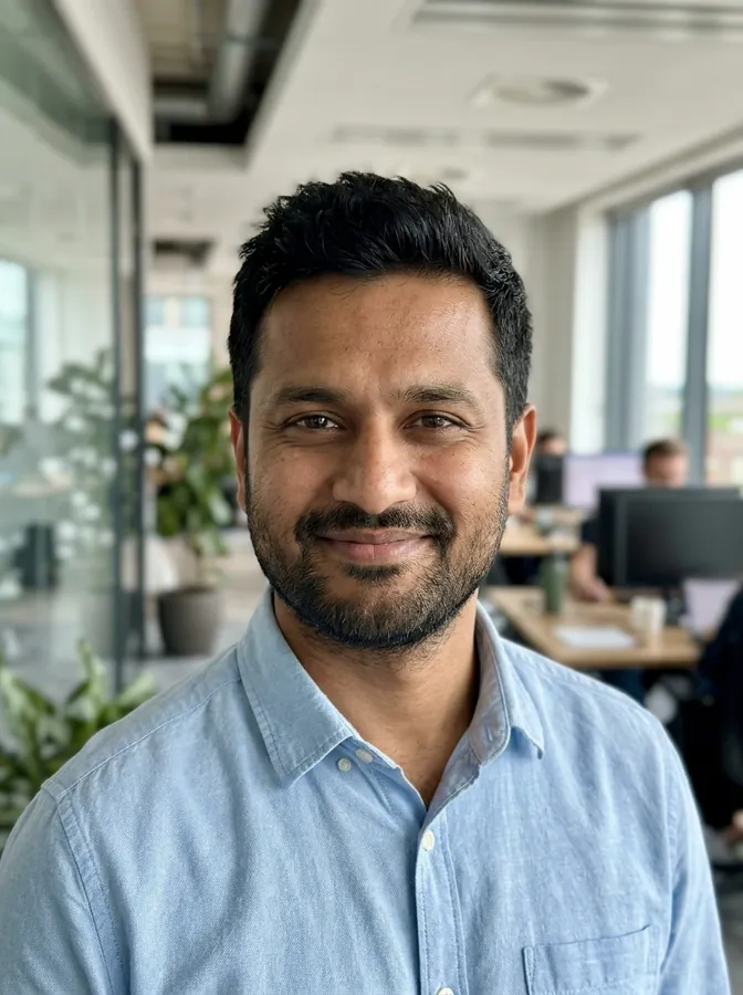 AI-generated portrait of a South Asian man with short black hair and a trimmed beard in an office