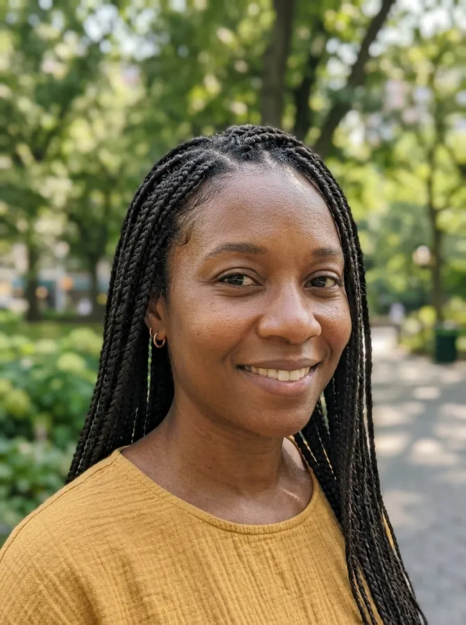 The same woman with long box braids, made with the AI hairstyle changer