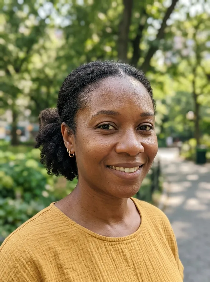 AI-generated portrait of a Black woman with natural hair pulled back in a low puff, in a park
