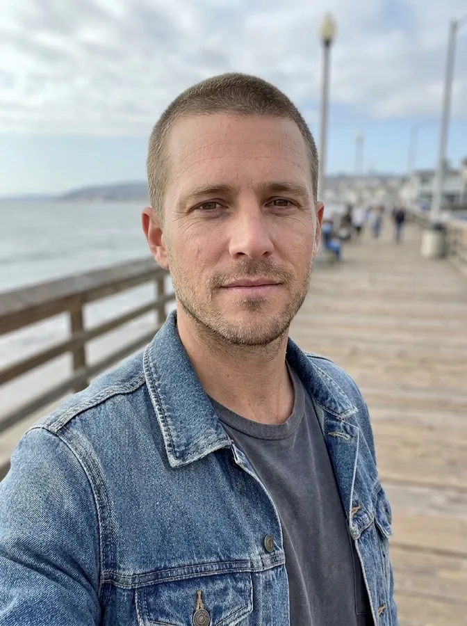 The same man with a short buzz cut, made with the AI hairstyle changer