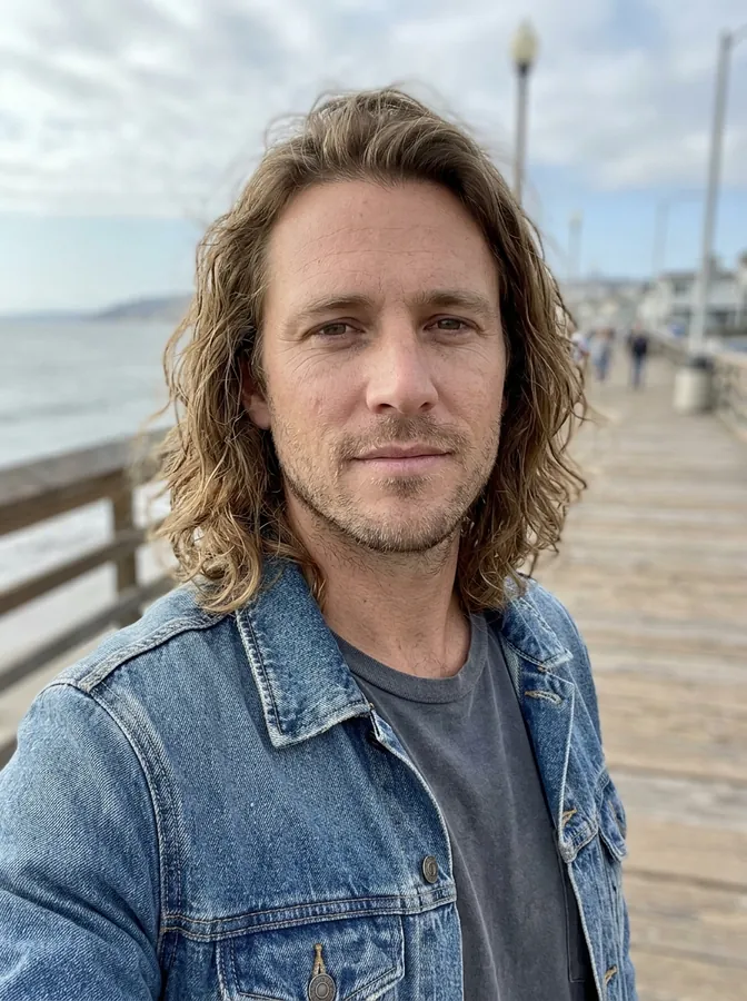 AI-generated portrait of a man with shoulder-length wavy light brown hair on a seaside boardwalk