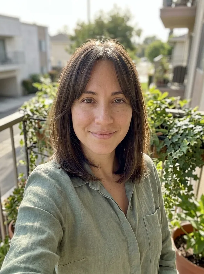 The same woman with shoulder-length hair and curtain bangs, made with the AI hairstyle changer