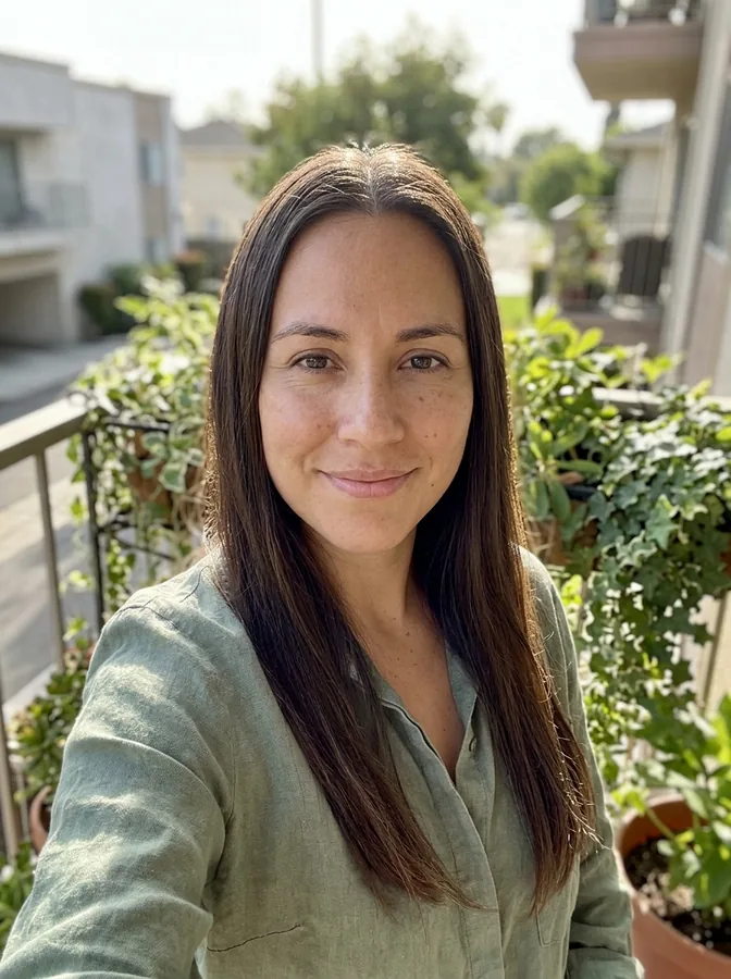 AI-generated portrait of a Hispanic woman with long straight dark brown hair and no bangs on a balcony