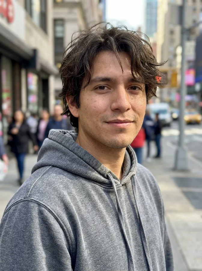 AI-generated portrait of a young Latino man with messy medium-length dark hair on a city street