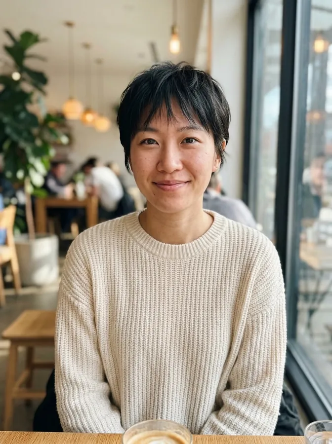 The same woman with a short pixie cut, made with the AI hairstyle changer