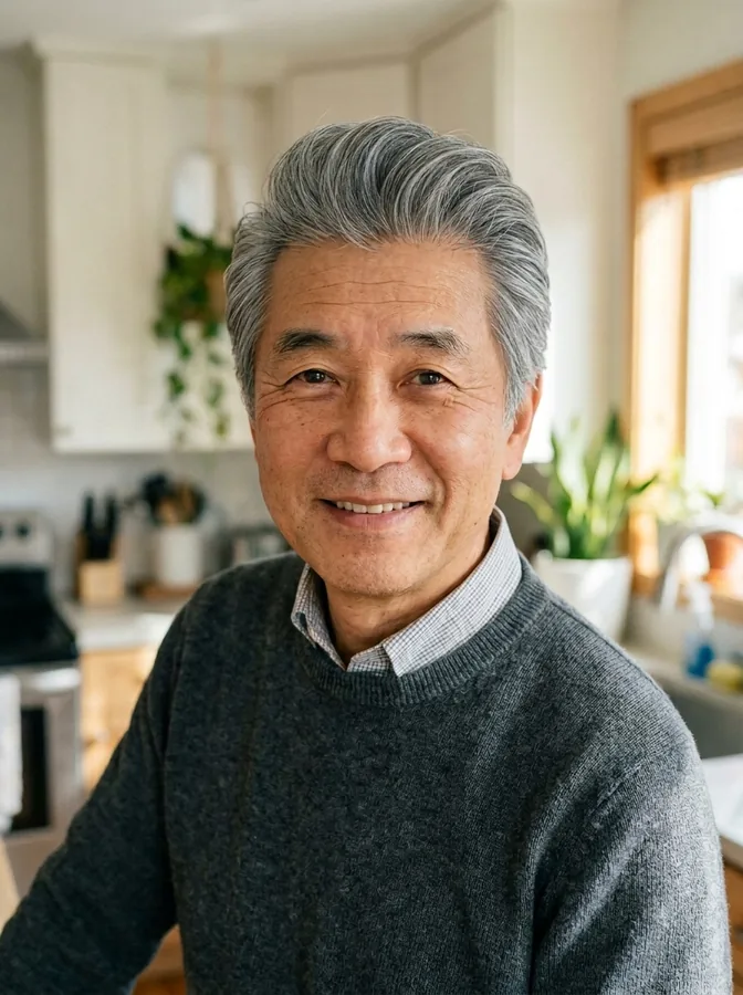 The same man with a silver gray pompadour, made with the AI hairstyle changer