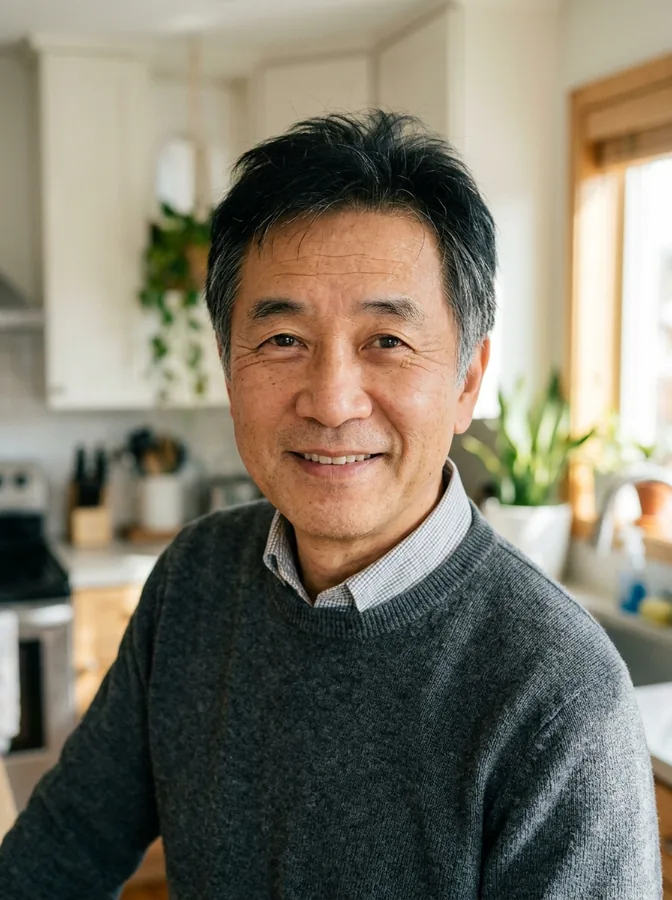 AI-generated portrait of an older East Asian man with short black hair graying at the temples