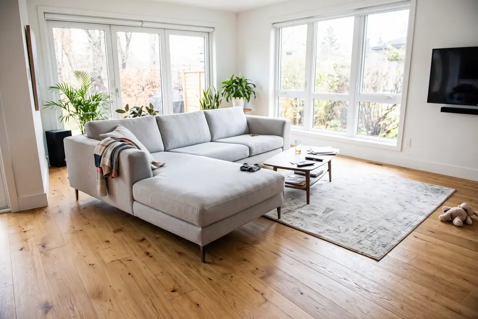 The same living room after decluttering with the AI object remover