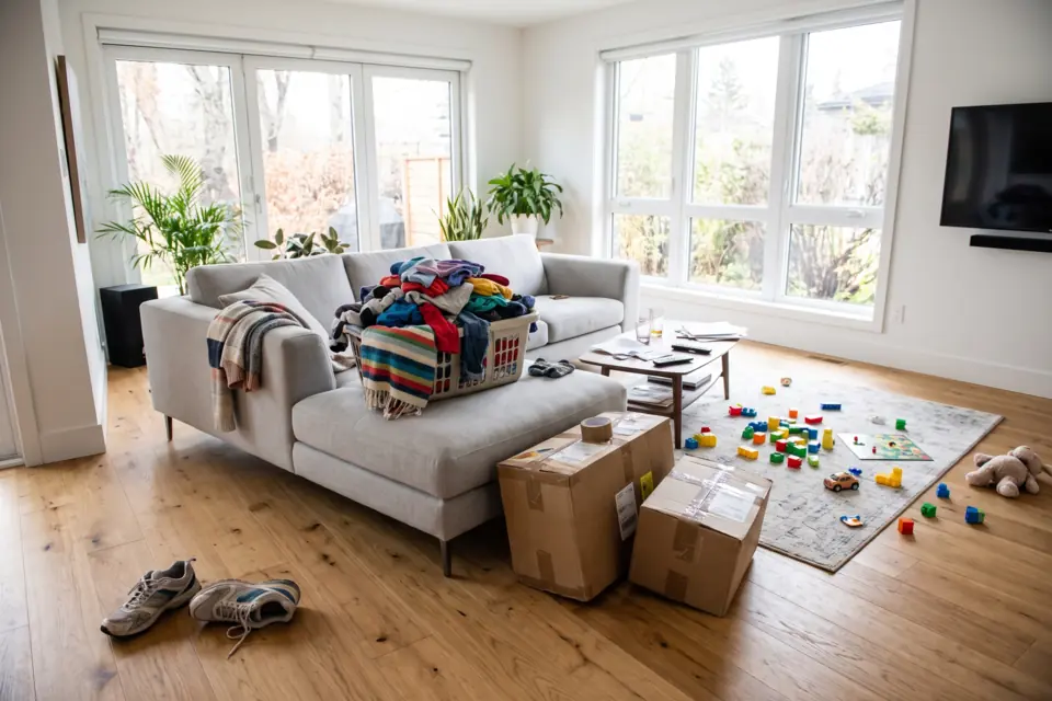 Bright living room with a laundry basket on the sofa, boxes, sneakers and toys on the floor