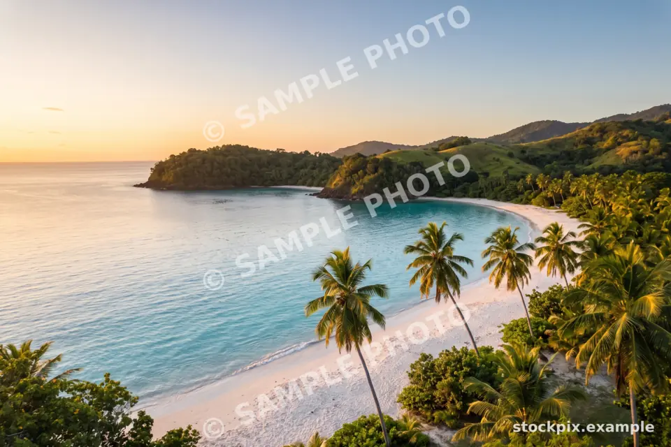 Tropical bay landscape covered with repeated SAMPLE PHOTO watermark text