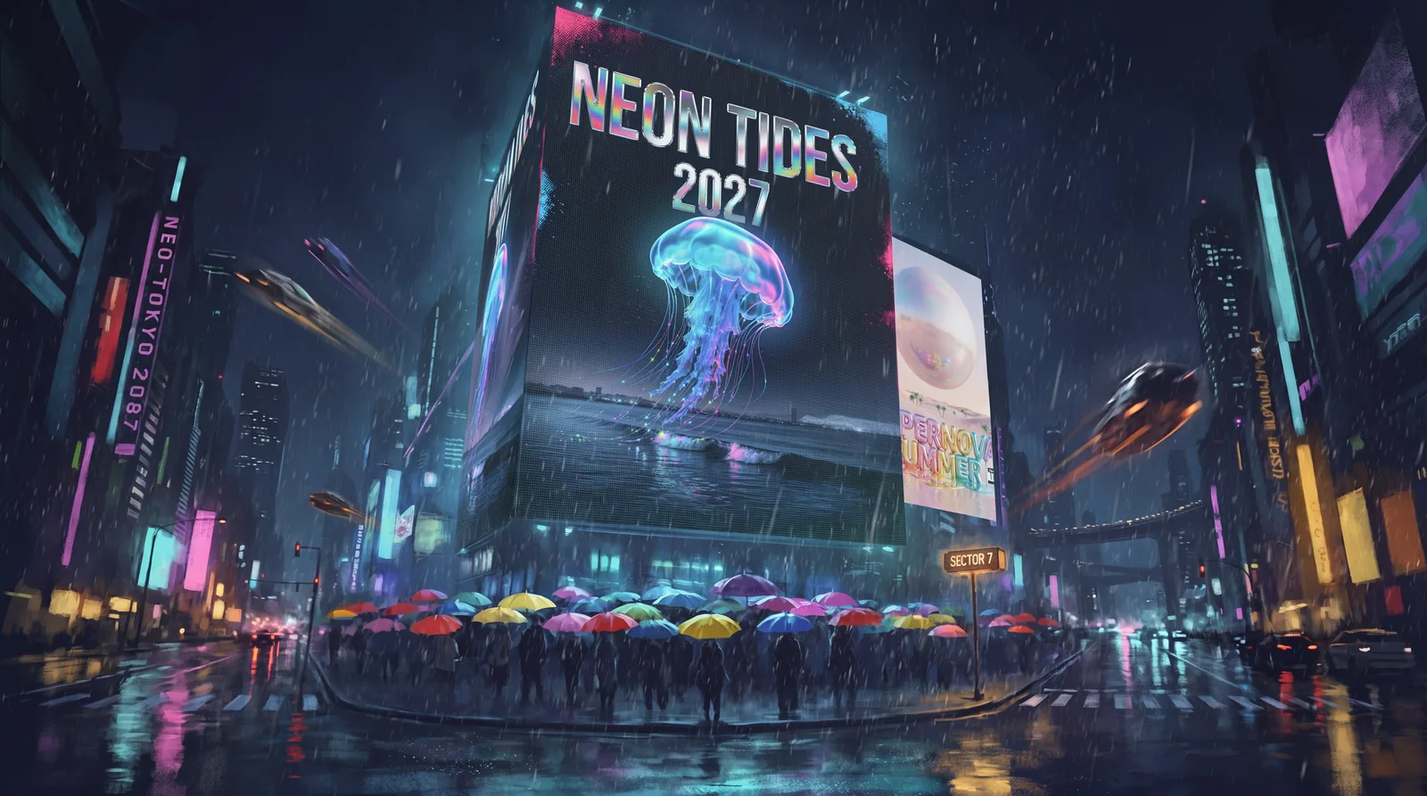 The same city street after the edit, the giant billboard now shows the NEON TIDES 2027 festival poster and a second screen shows an album cover