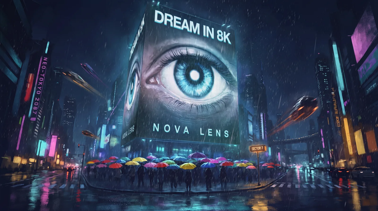 Rainy cyberpunk city street with a giant billboard that reads DREAM IN 8K