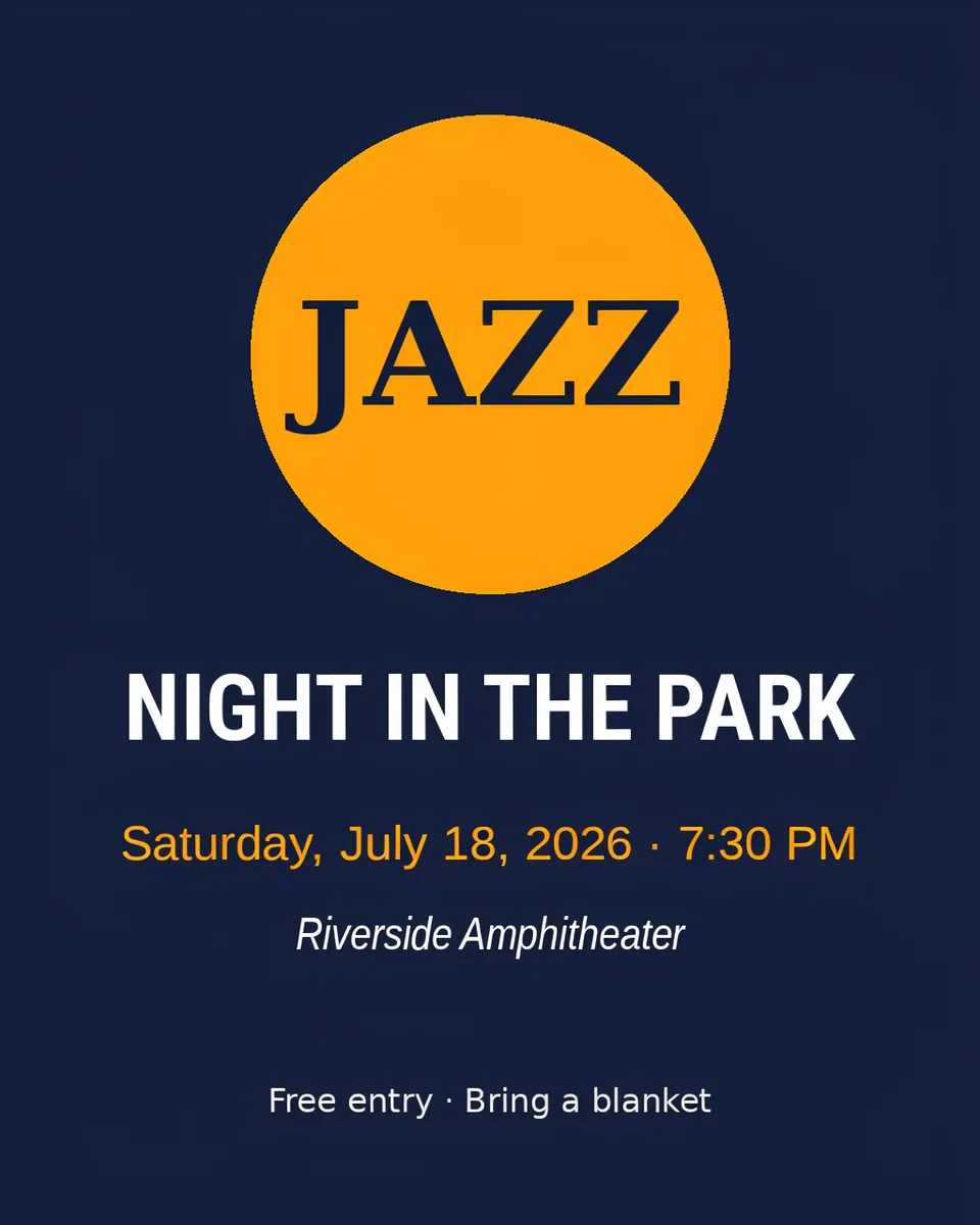 The same jazz night flyer after the edit, the date line now reads Saturday, July 18, 2026 and the title, venue and time are unchanged