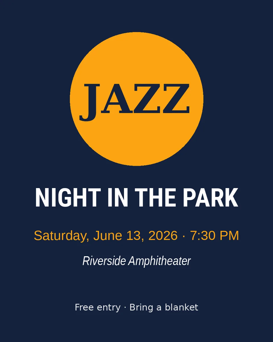 Dark blue jazz night flyer with the date line Saturday, June 13, 2026
