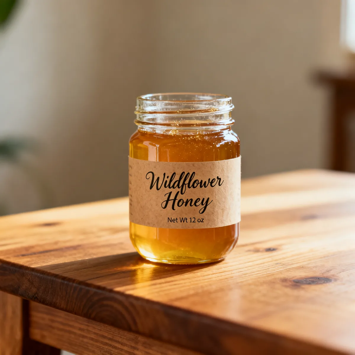 The same honey jar after the edit, the label now reads Wildflower Honey in cursive script and the Net Wt 12 oz line is unchanged