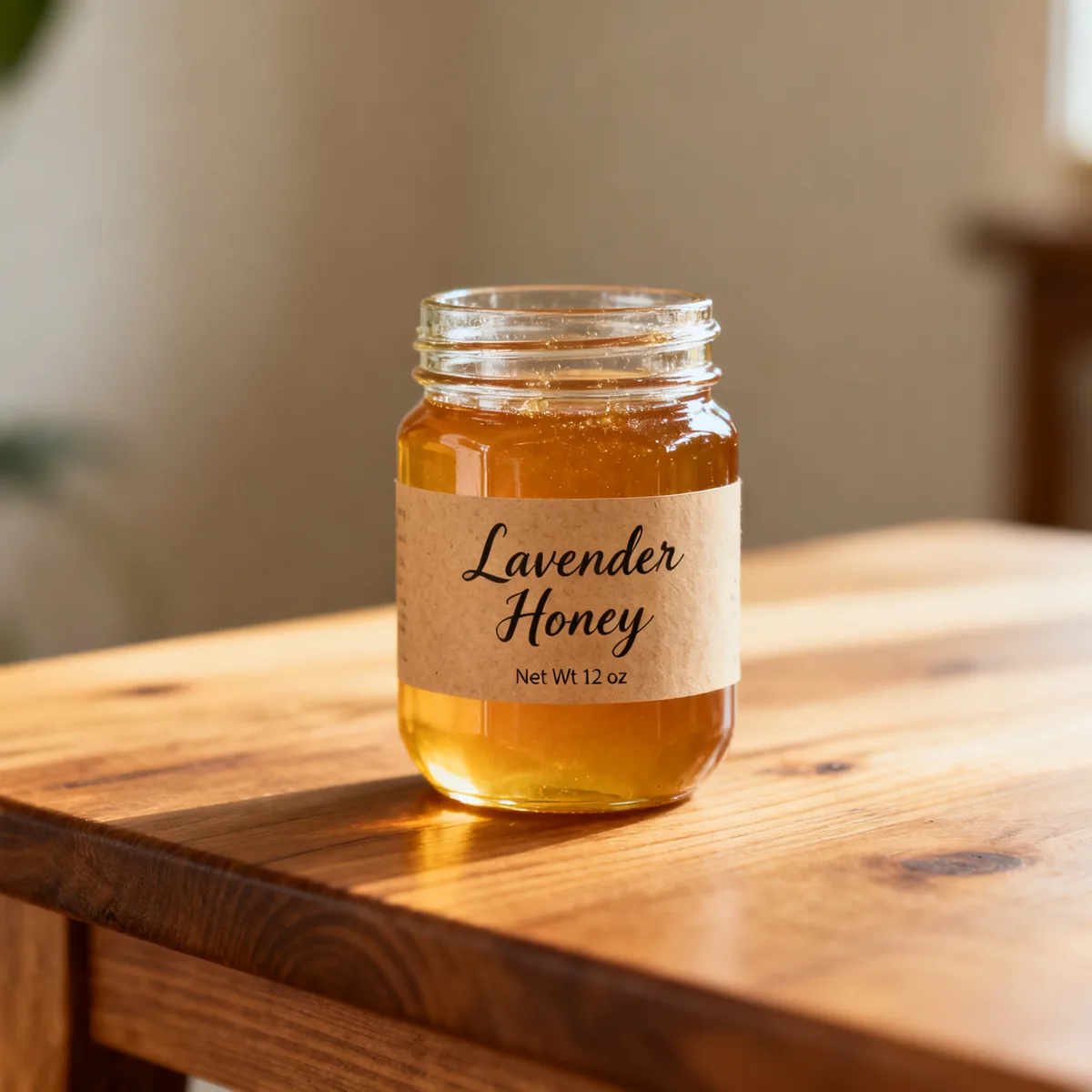 Honey jar with a kraft paper label that reads Lavender Honey in cursive script above a Net Wt 12 oz line