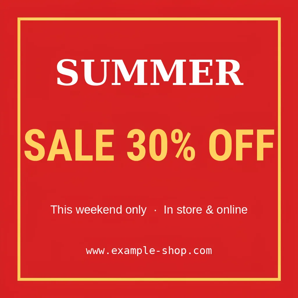The same red summer sale banner after the edit, the yellow headline now reads SALE 30% OFF and all other text is unchanged