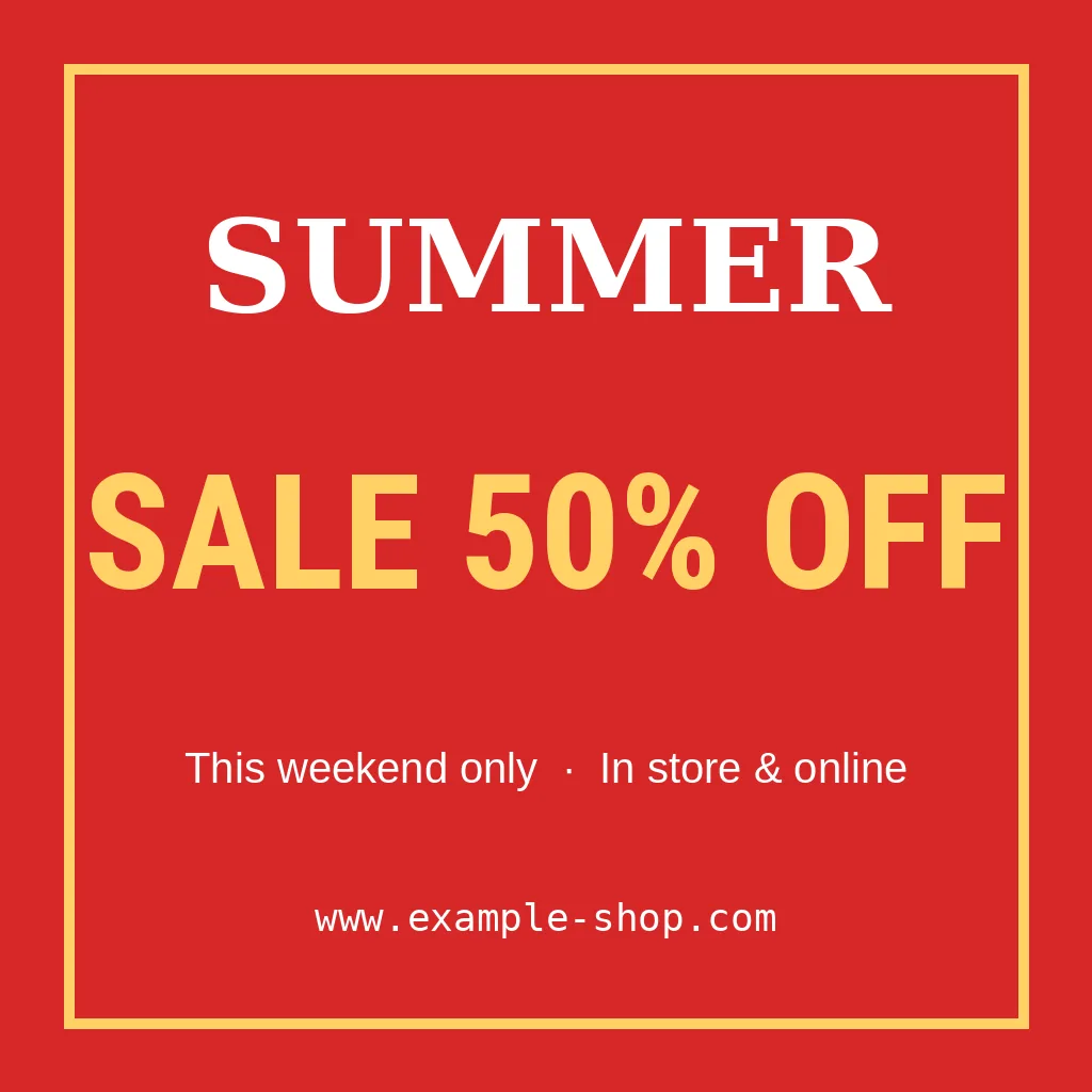 Red summer sale banner with a yellow headline that reads SALE 50% OFF