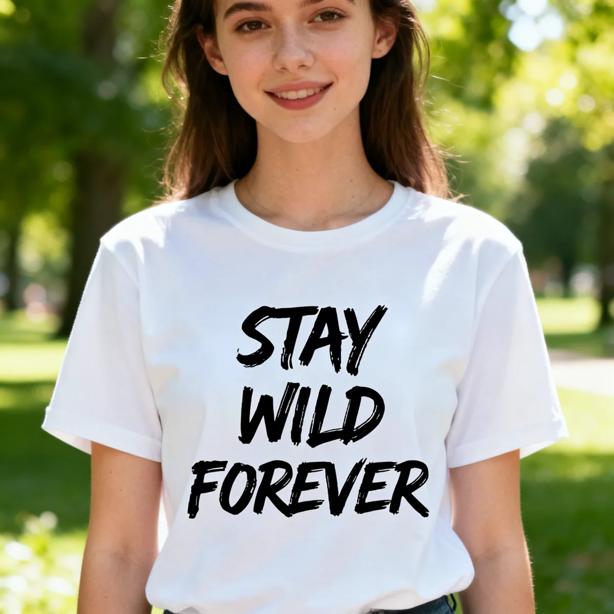 The same white t-shirt after the edit, the black brush lettering now reads STAY WILD FOREVER