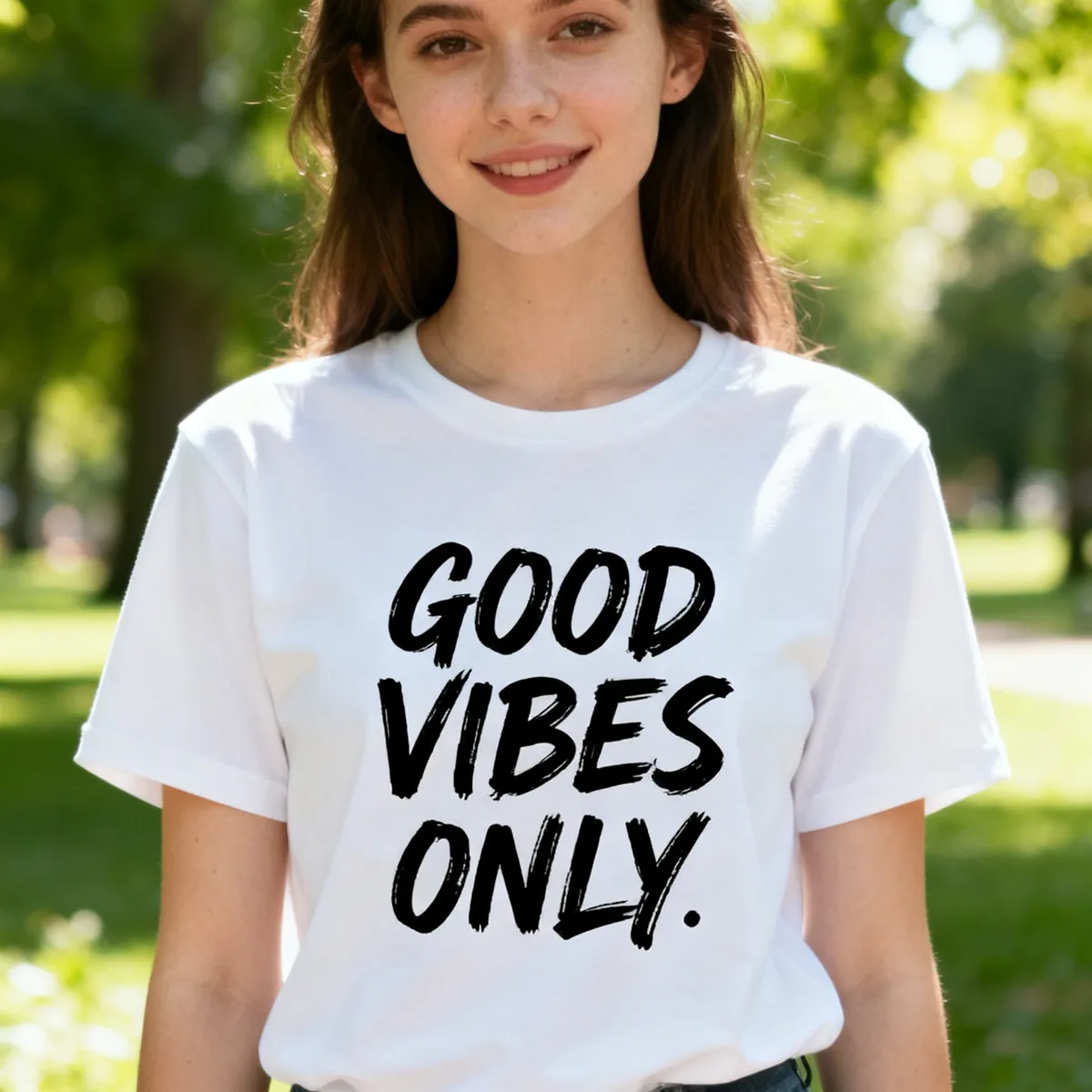 White t-shirt with black brush lettering that reads GOOD VIBES ONLY
