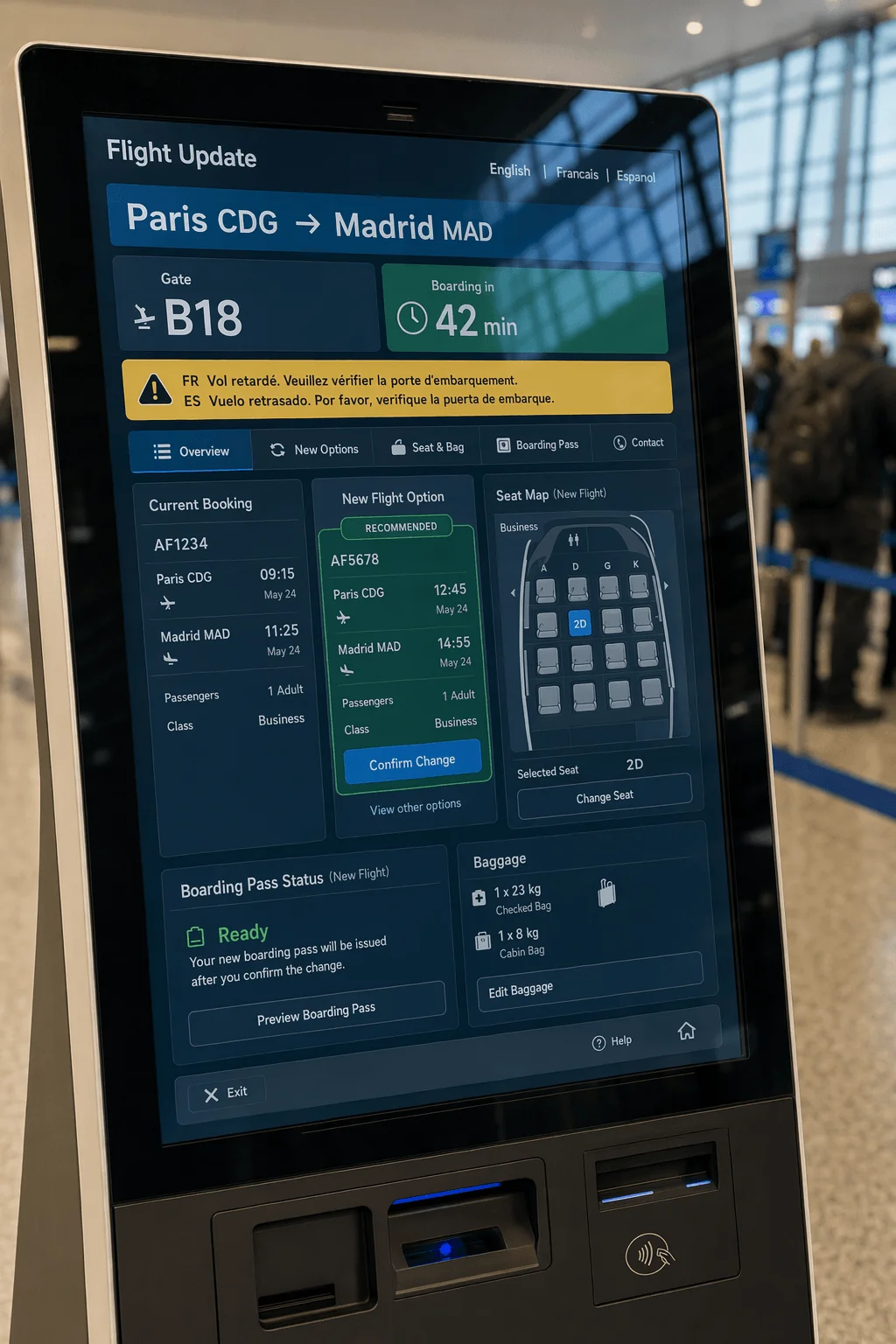 Airport departure kiosk UI with sharp text generated by GPT Image 2