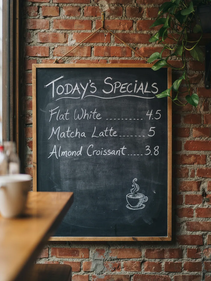 Chalkboard cafe menu on a brick wall titled TODAY'S SPECIALS with three hand-lettered items and prices