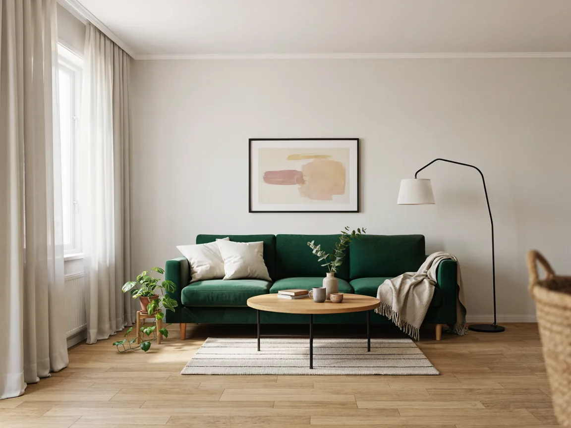 The same living room after the first edit, the sofa is now dark green velvet