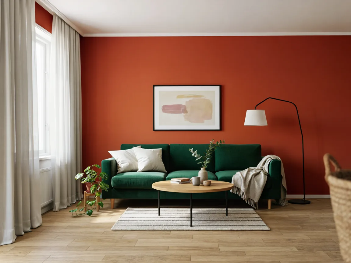 The same living room after the second edit, the wall behind the sofa is now terracotta