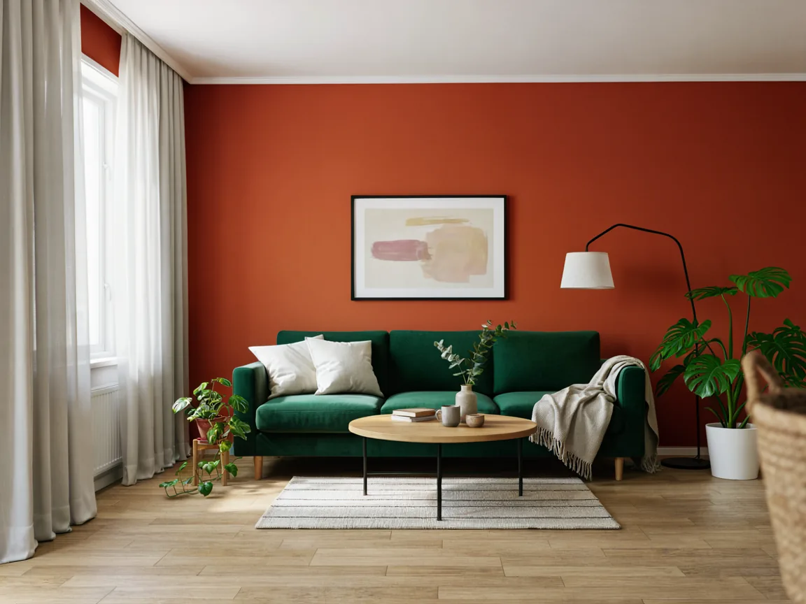 The same living room after the third edit, a tall monstera plant stands in the right corner