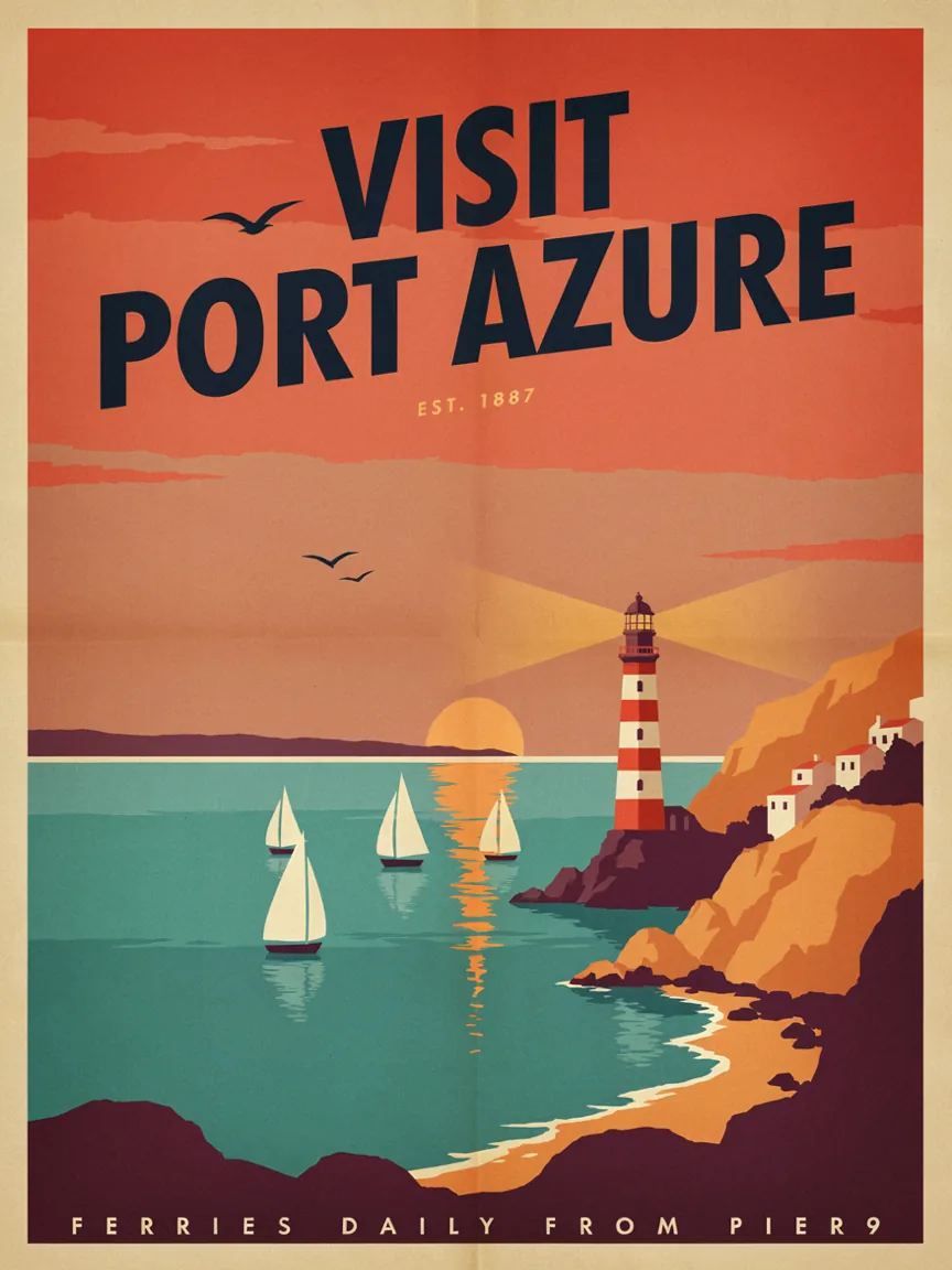Vintage travel poster with the headline VISIT PORT AZURE above a lighthouse and sailboats at sunset