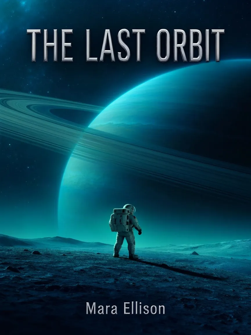 Sci-fi book cover titled THE LAST ORBIT by Mara Ellison with an astronaut and a ringed planet
